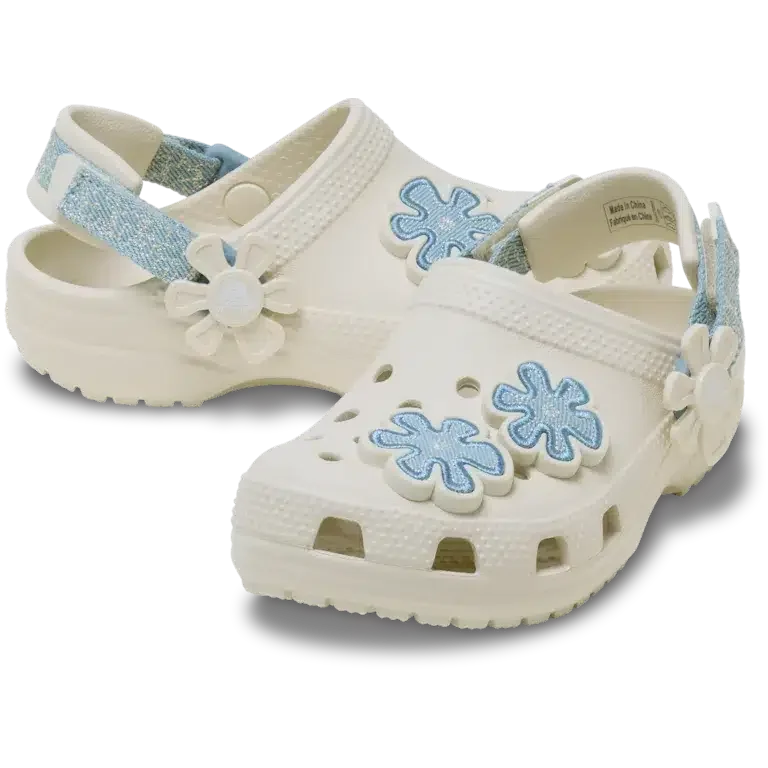Classic Denim Flower-Clog til småbørn med justerbar bagrem Classic Denim Flower-Clog til småbørn med justerbar bagrem